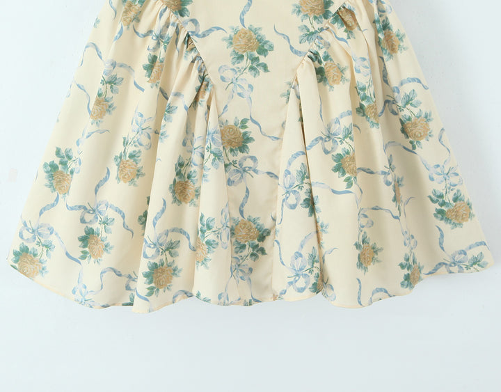 Retro oil painting floral bow tie lace princess dress