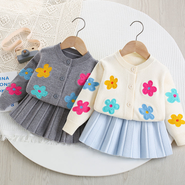 Colorful floral knitted cardigan&Pleated Skirt 2pcs set