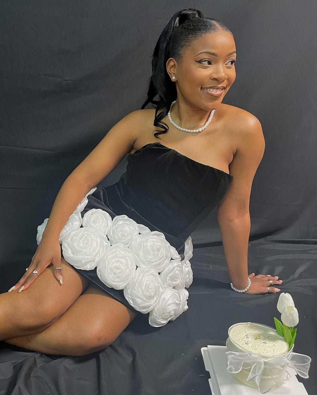 3D white rose flower hem tube top dress