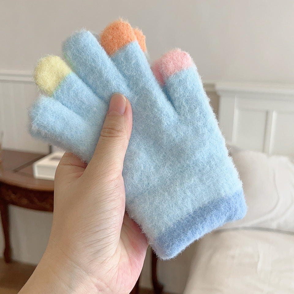 Colorful macaron warm gloves students five fingers gloves