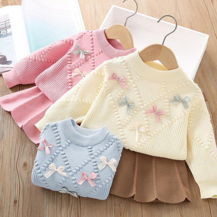 Sweet bowknot knitted sweater&skirt 2pcs set for girls