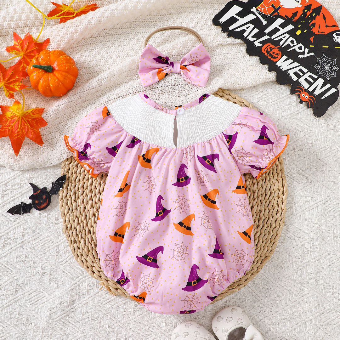 Halloween BOO Pumpkin Embroidery orange smocked Romper