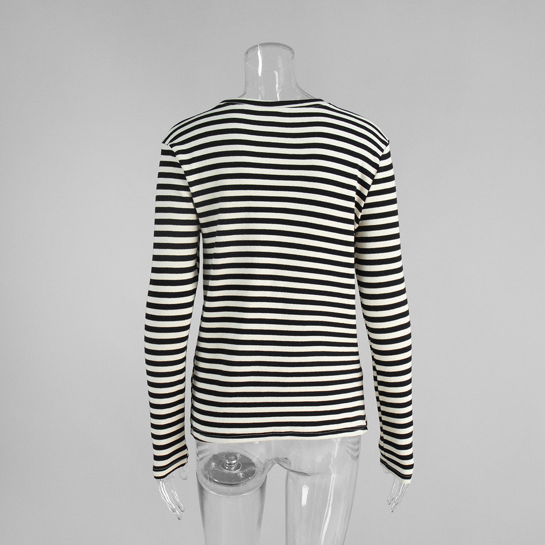 Striped slim round neck cotton bottoming shirt for women