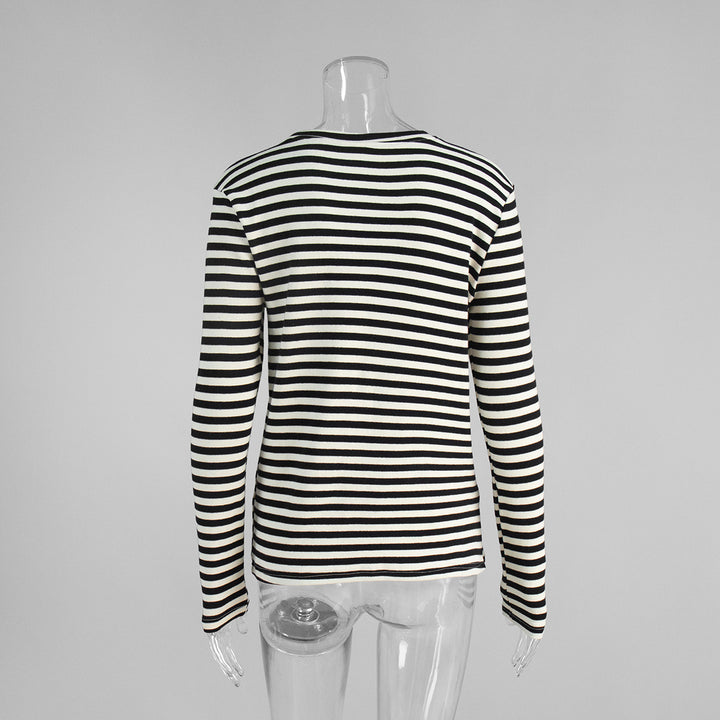 Striped slim round neck cotton bottoming shirt for women