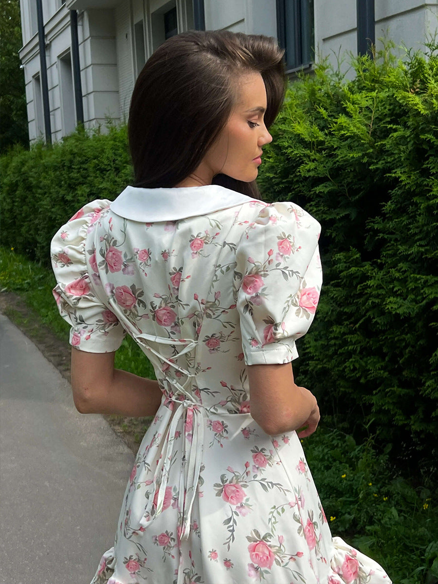 French v-neck puff sleeve floral ruffle dress