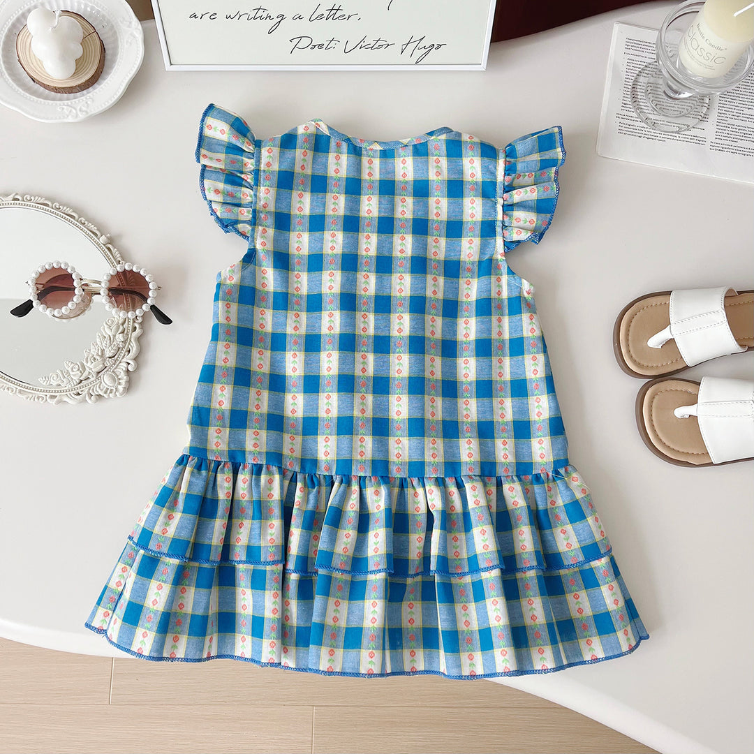 Girls blue plaid floral ruffle short set sisters outfit