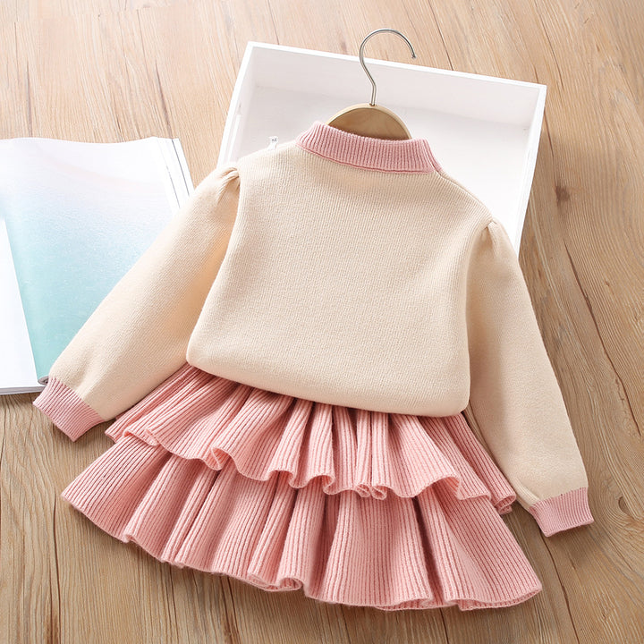 Valentine's love heart knitted sweater&cake skirt 2pcs set