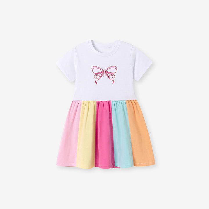 Girls' Summer short-sleeved bow Rainbow dress