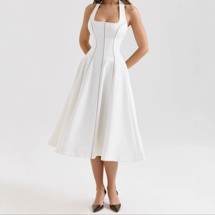 French retro elegant backless halter neck midi dress