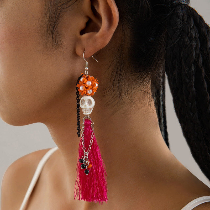 Halloween funny skull tassel rice bead earrings halloween gifts