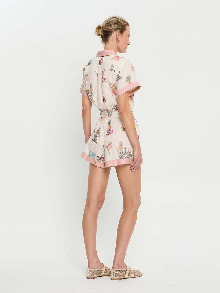 Summer belt button shirt collar floral jumpsuit