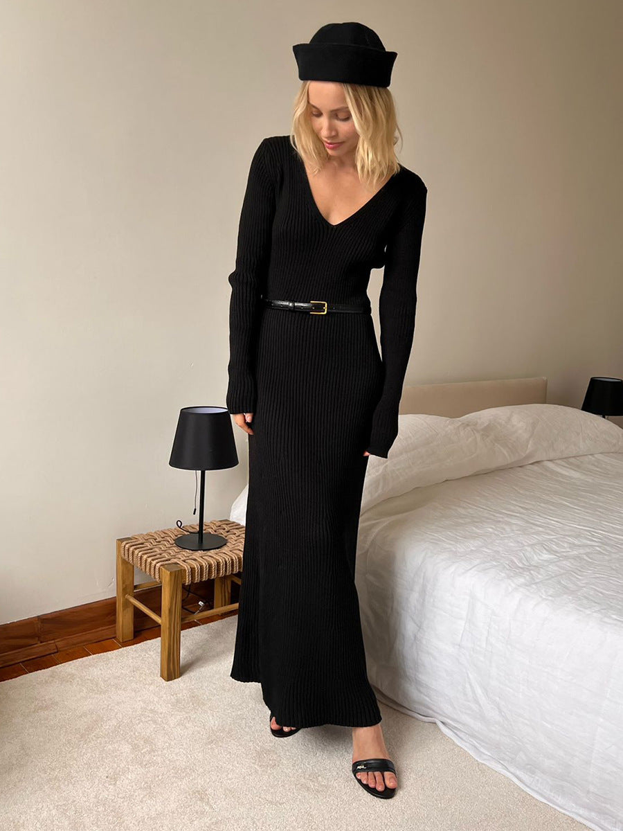 V-neck slim knitted maxi dress sweater dress