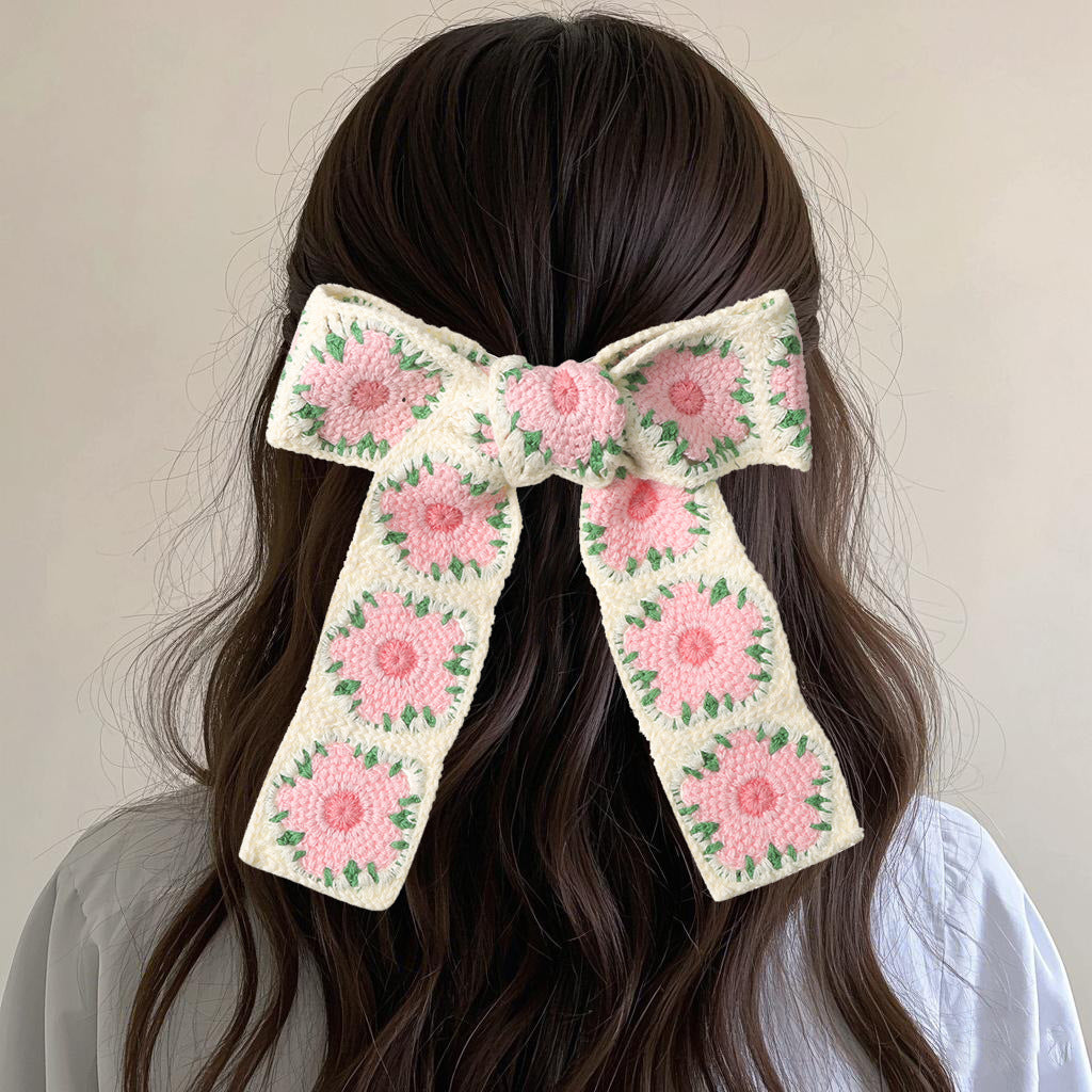Boho knitted hollow flower bow hair clip