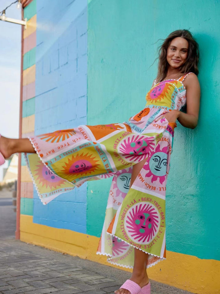 Sun Smile Face Print Pockets Sleeveless Slit Dress