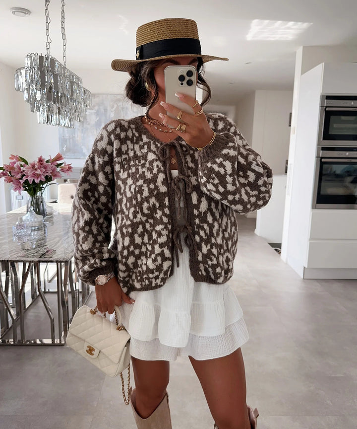Bow tie knitted leopard cardigan coat