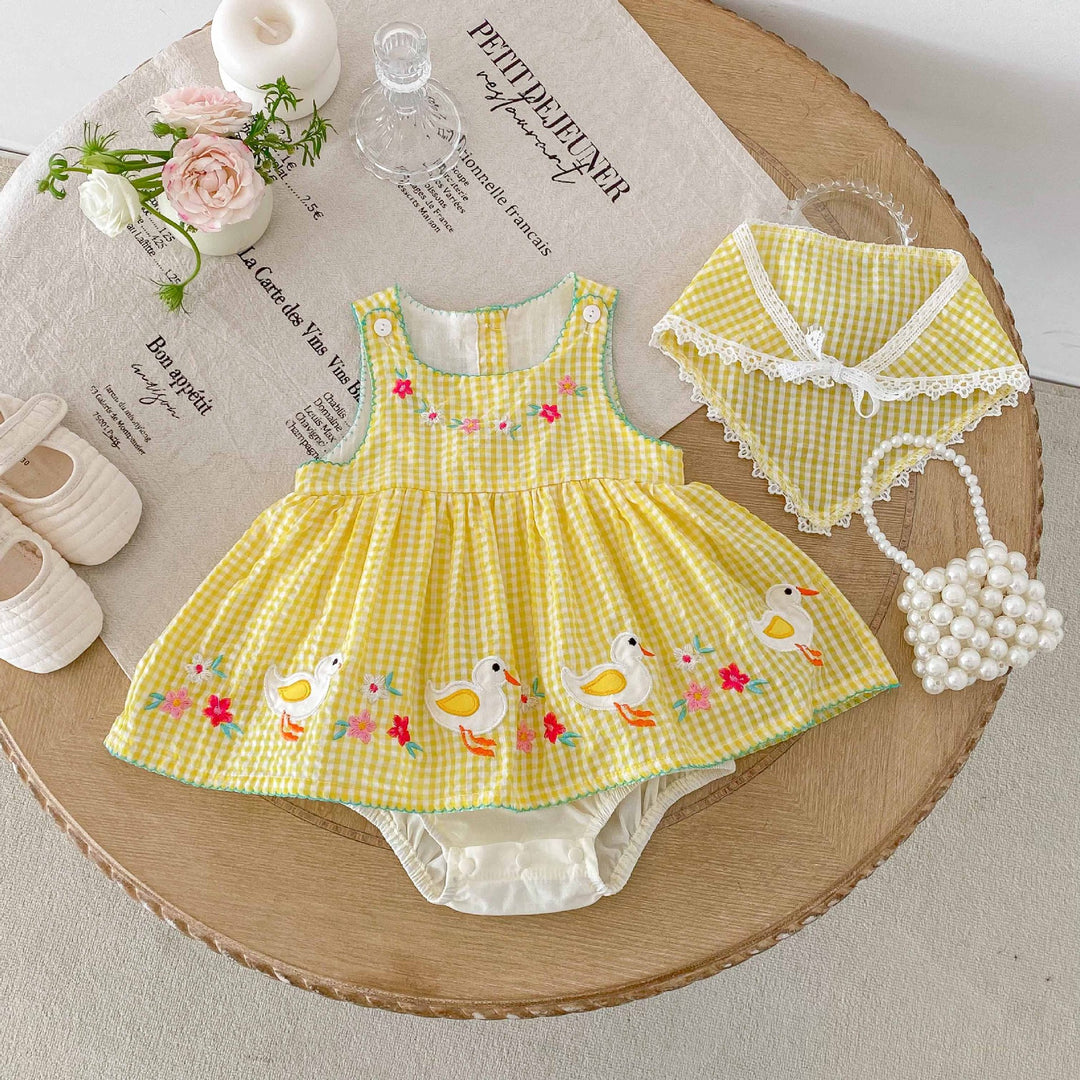Baby girl summer cute duck yellow plaid romper sleeveless bodysuit