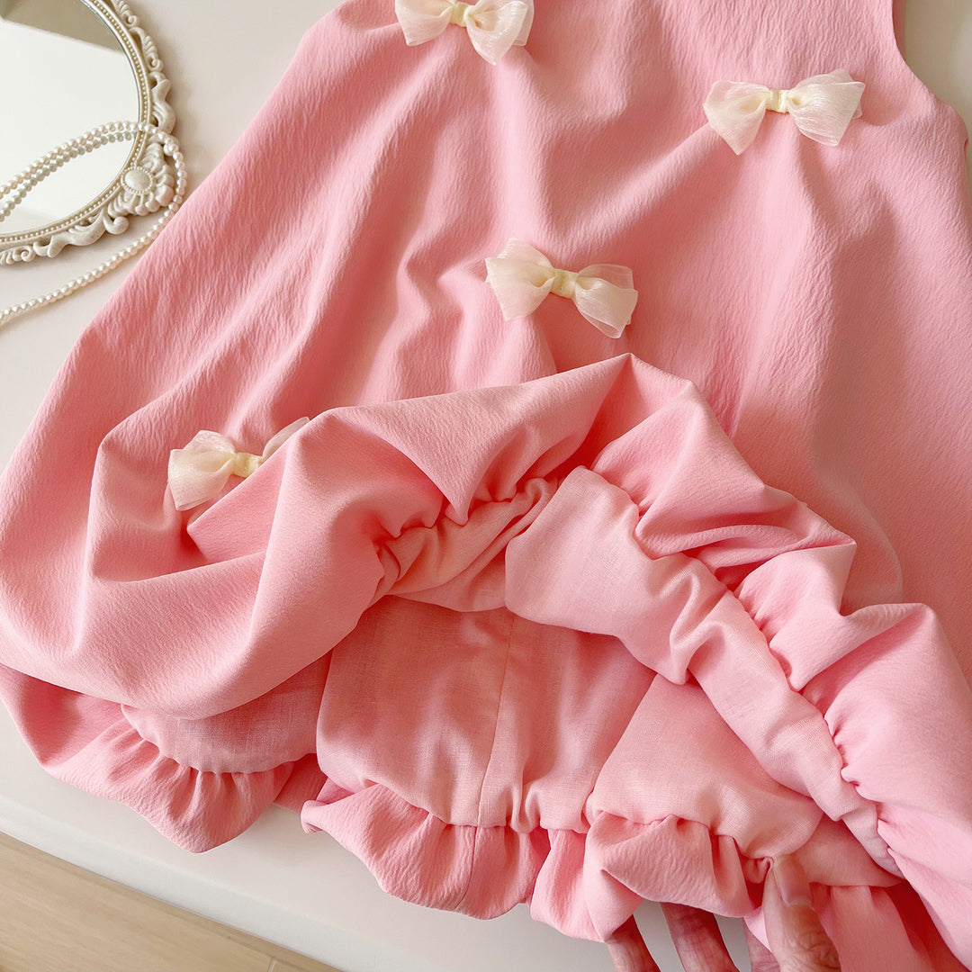 Girls bow-deco sleeveless pink dress for summer