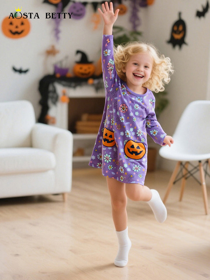 Halloween pumpkin patch long-sleeved dress for girls