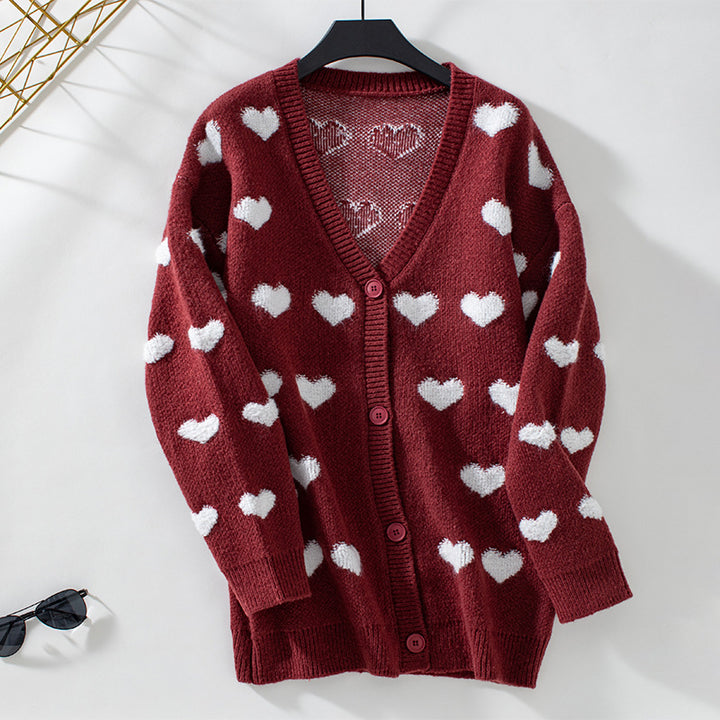 Valentine's Chenille Embroidery Heart  Mid-length knitted cardigan