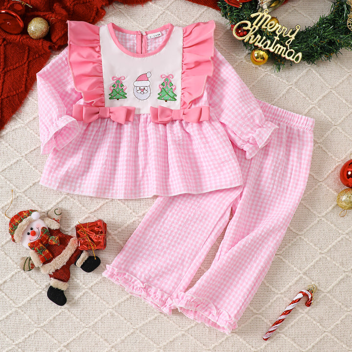 Halloween ghost embroidery plaid ruffle top&pant set