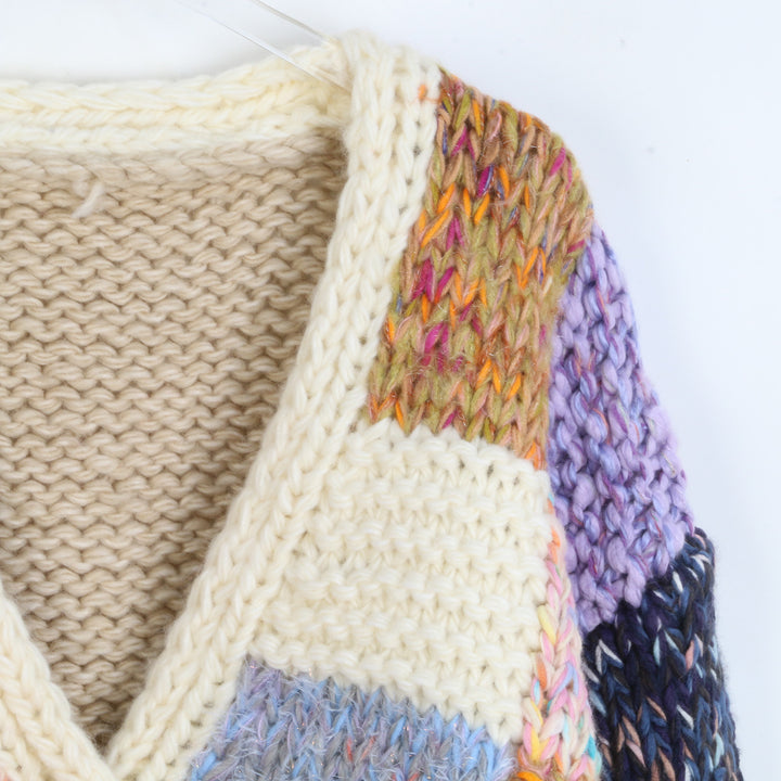 Loose color patchwork V-neck knitted sweater cardigan