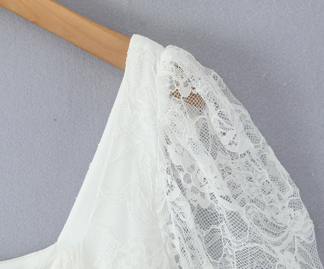 Lace square collar slim waist A-line dress