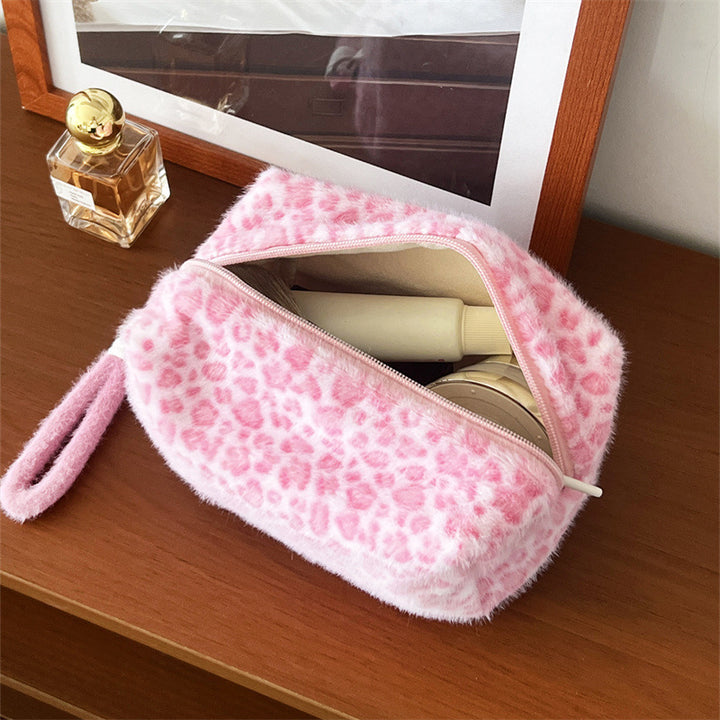 Pink leopard plush portable cosmetic bag