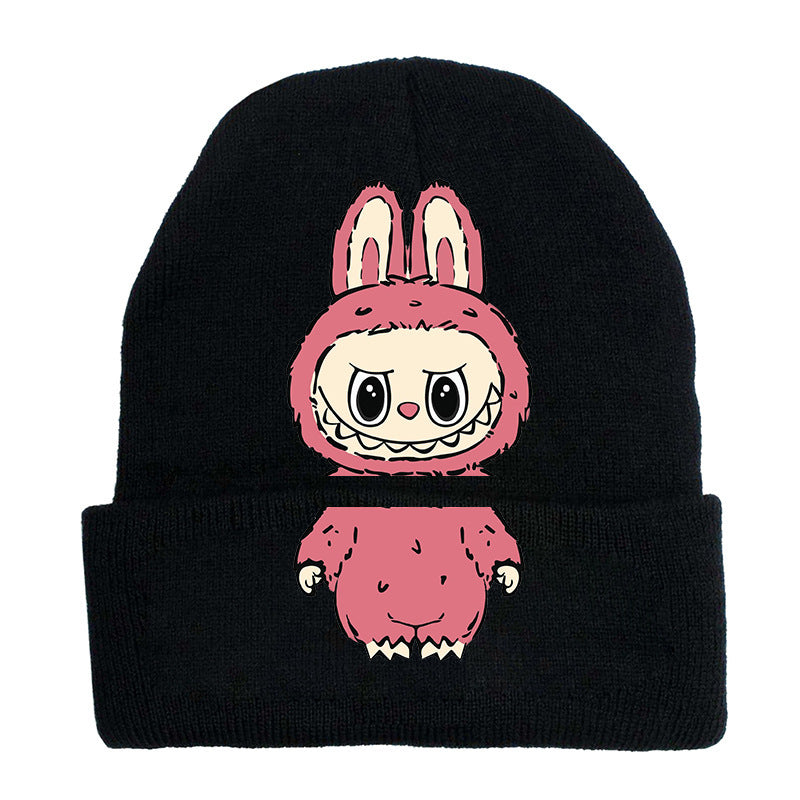 Cute monster printed knitted beanie hat-black