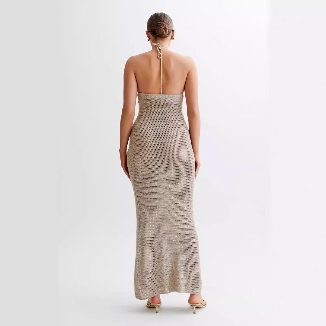 Halter Neck Floral Knit Beach Dress swimsuit cover up