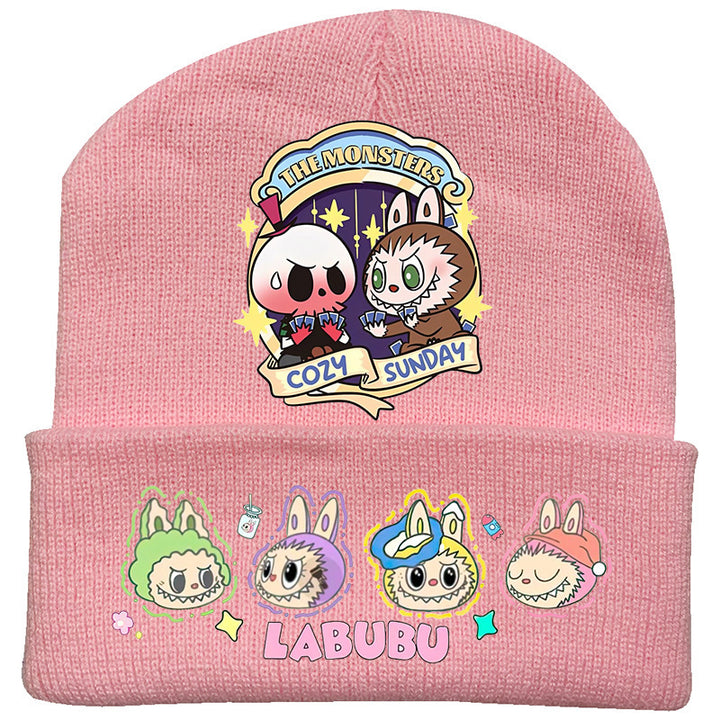 Cute monster printed knitted beanie hat-pink