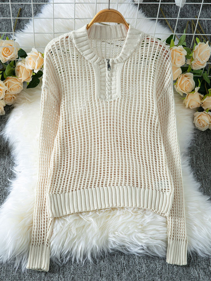 Half-zip hollow knitted sweater