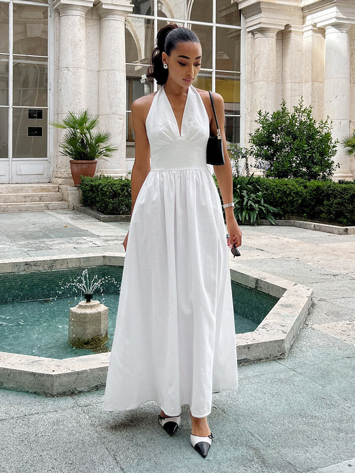 French retro v-neck halter neck pure cotton swing dress