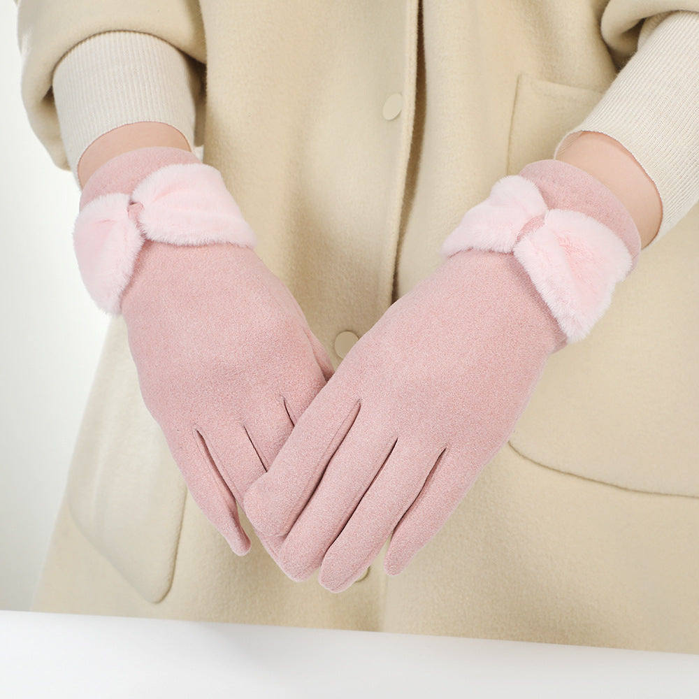 Women's winter gloves fleece-lined bow gloves
