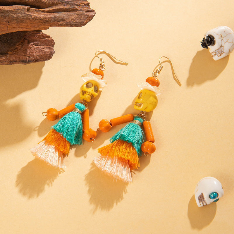 Halloween funny skull tassel rice bead earrings halloween gifts