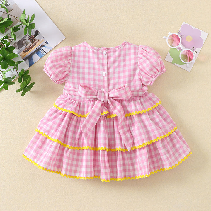 Bow tie Birthday embroidery cake dress with puff sleeves
