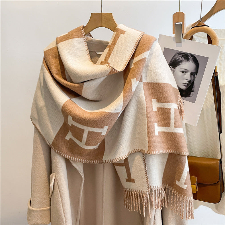 Imitation cashmere tassel scarf double-side warm scarf