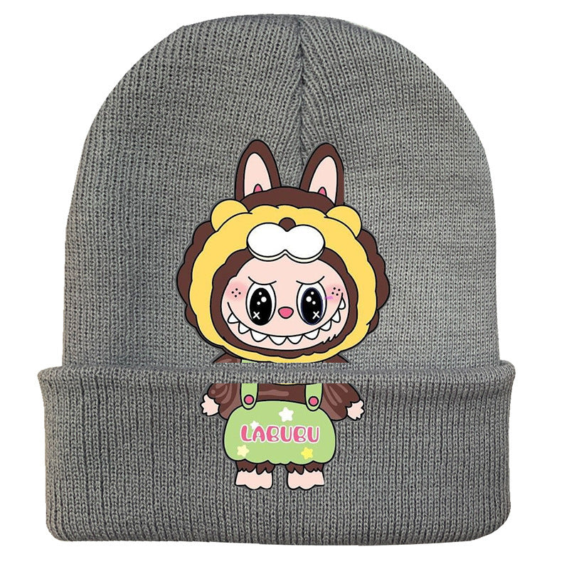 Cute monster printed knitted beanie hat-gray