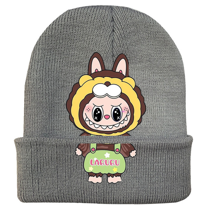 Cute monster printed knitted beanie hat-gray