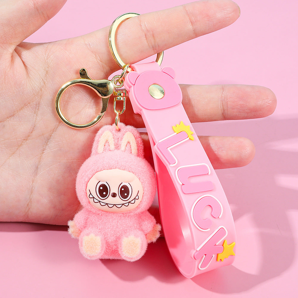 Labubu flocking keychain labubu pendant school gift