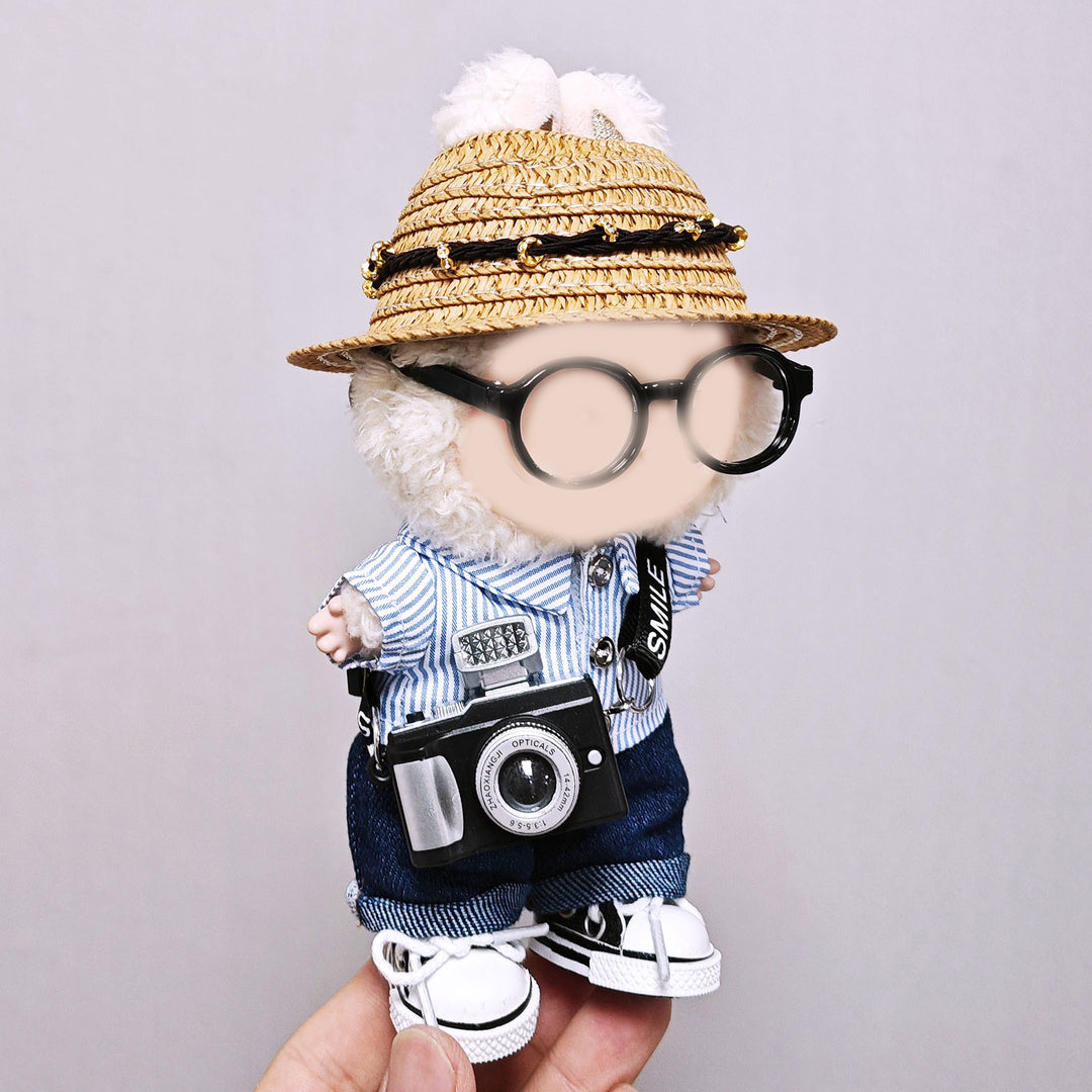 Labubu Striped shirt&denim pant straw hat 6pcs set