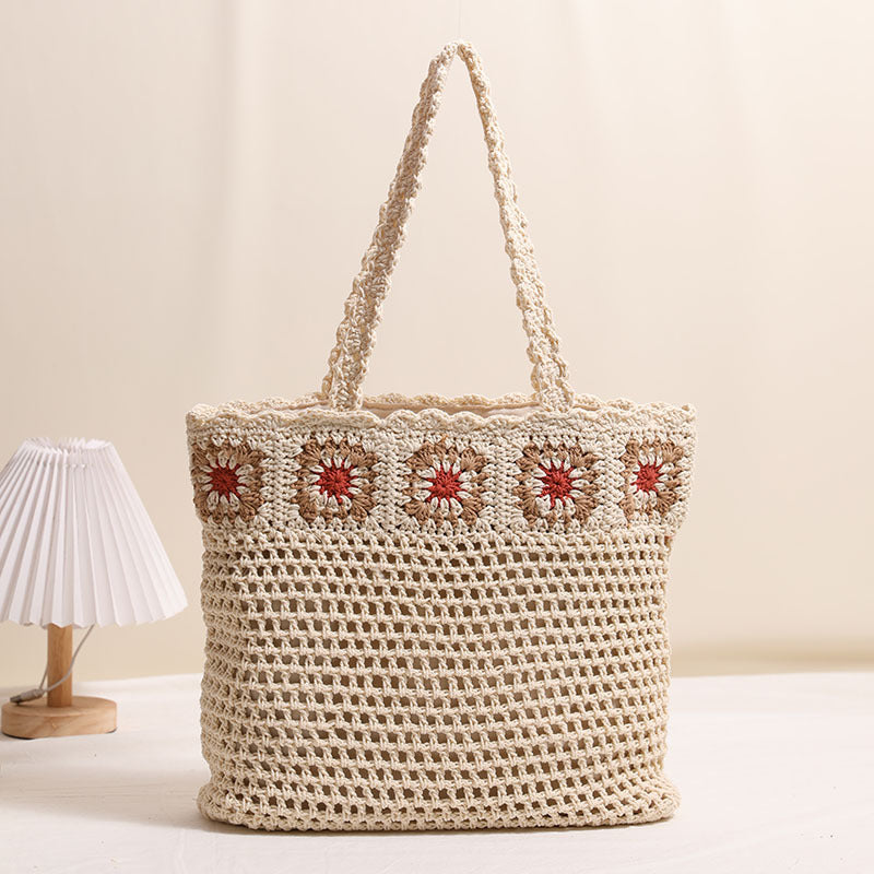 Large capacity cotton woven bag hollow flower knitted beach bag