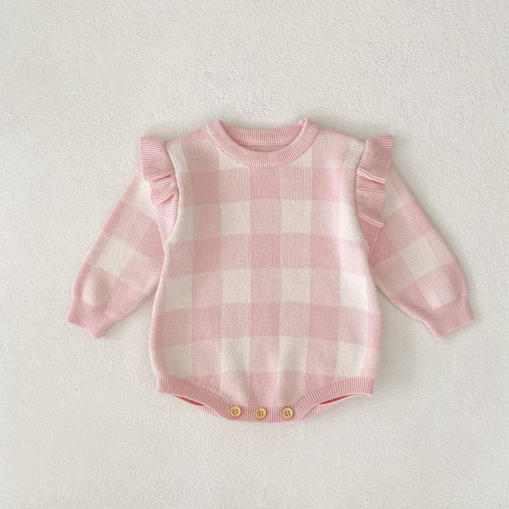 Plaid Jacquard Long Sleeve Knitted Romper for baby