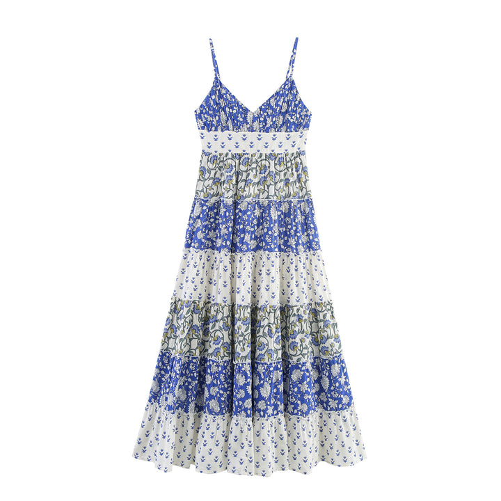 Patchwork print stitching floral rustic midi dress