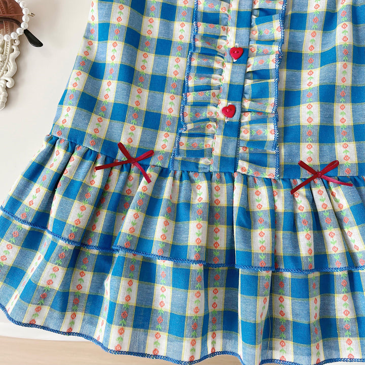 Girls blue plaid floral ruffle short set sisters outfit