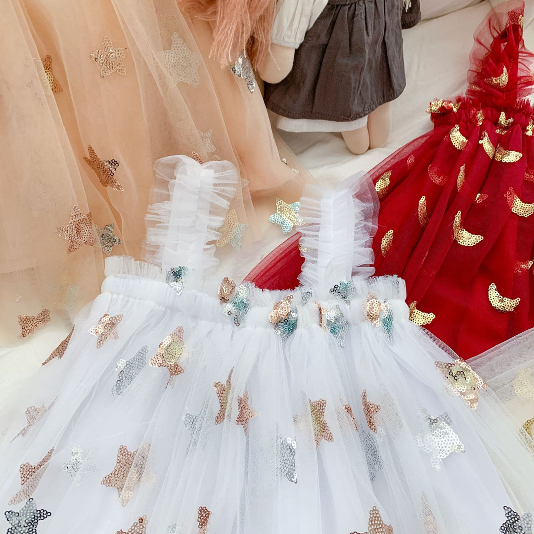 Girls Sequin star&moon embroidery mesh tutu dress
