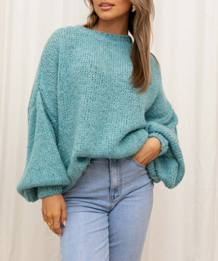 Solid color round neck Chunky Knit Sweater for women