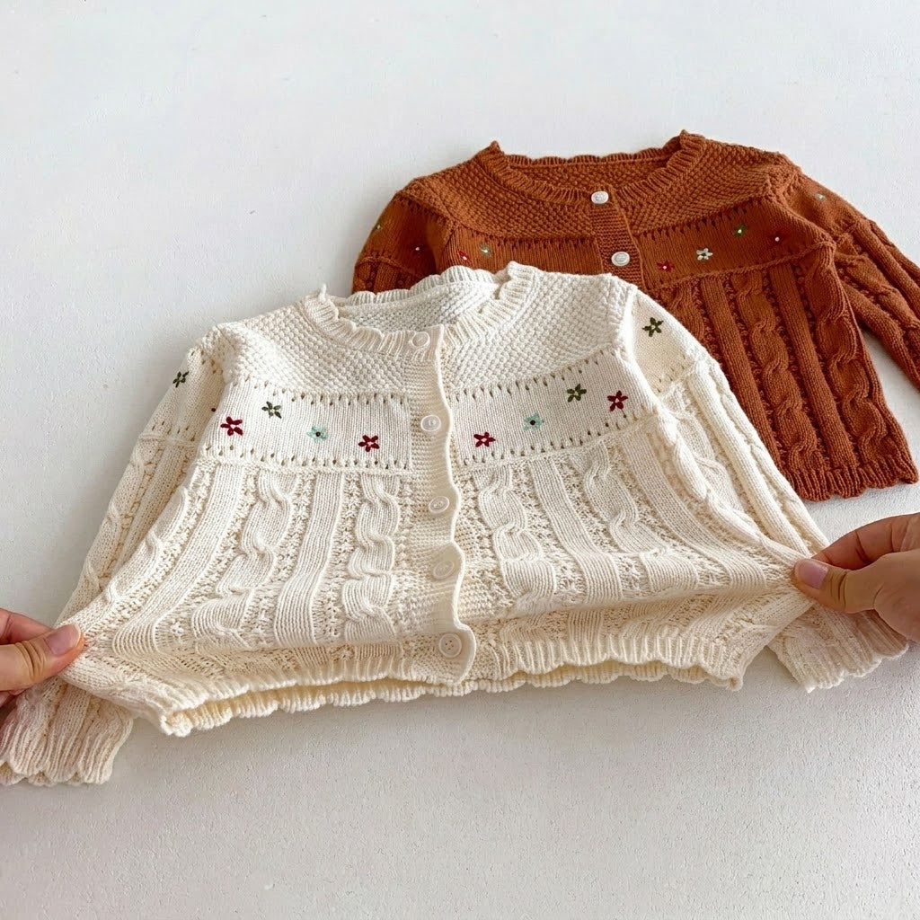 Embroidered Flower Cable Knit Sweater for baby girls