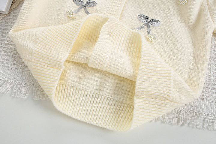 Sequin embroidery bow knitted cardigan sweater&skirt 2pcs set