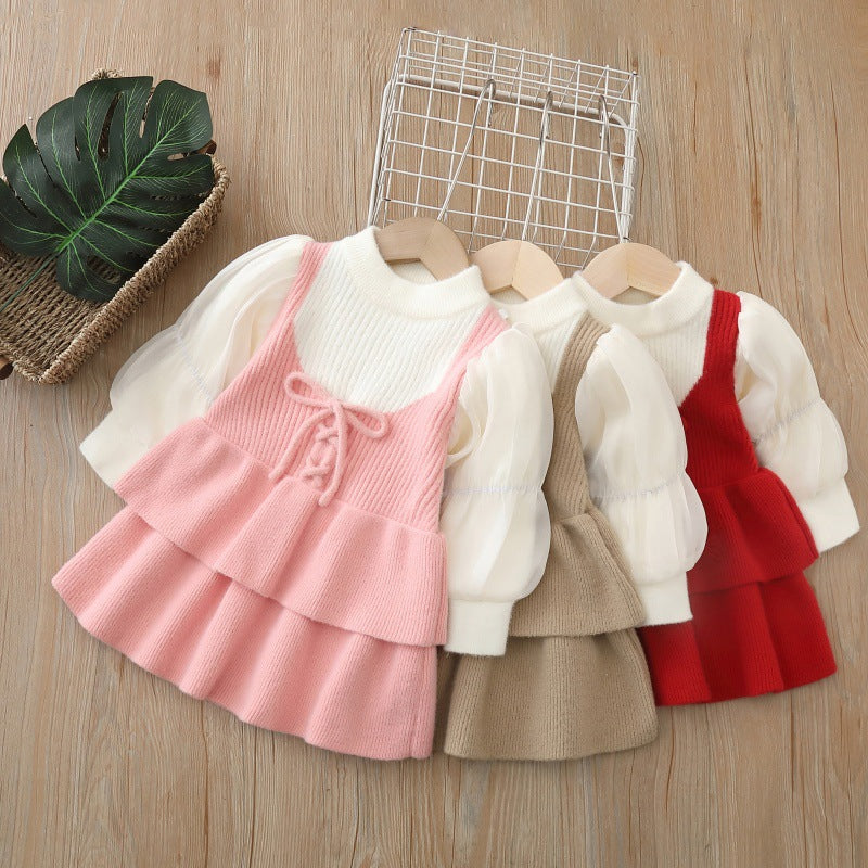 Girls puff sleeve knitted sweater skirt
