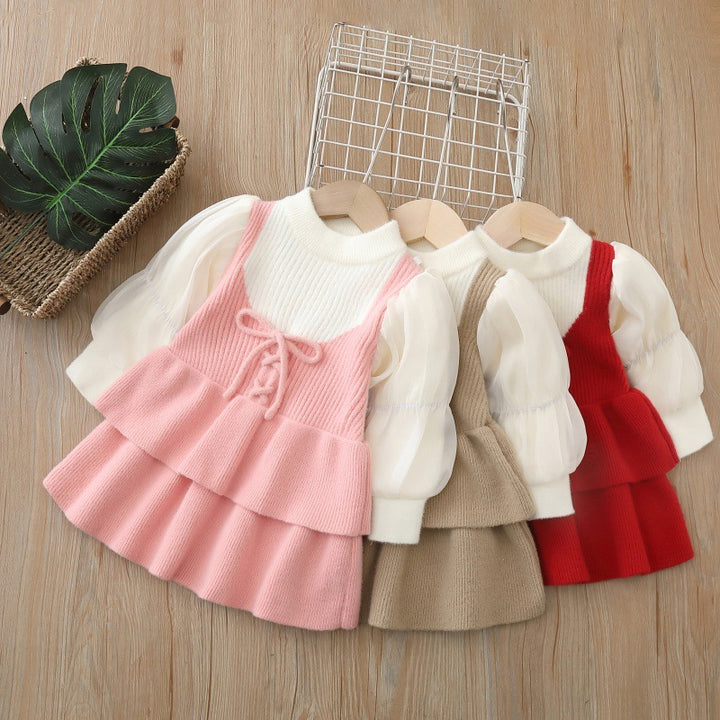 Girls puff sleeve knitted sweater skirt